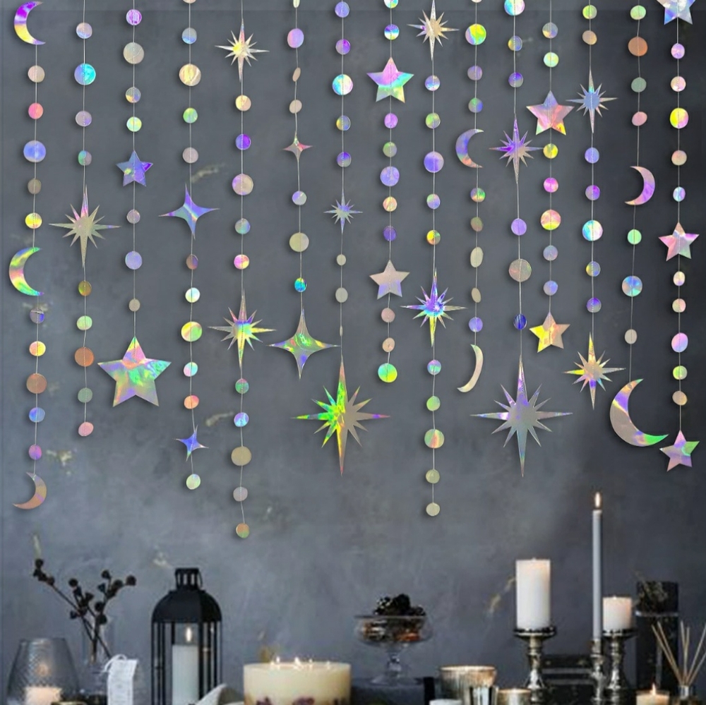 Iridescent Star Moon Circle Dot Party Garland